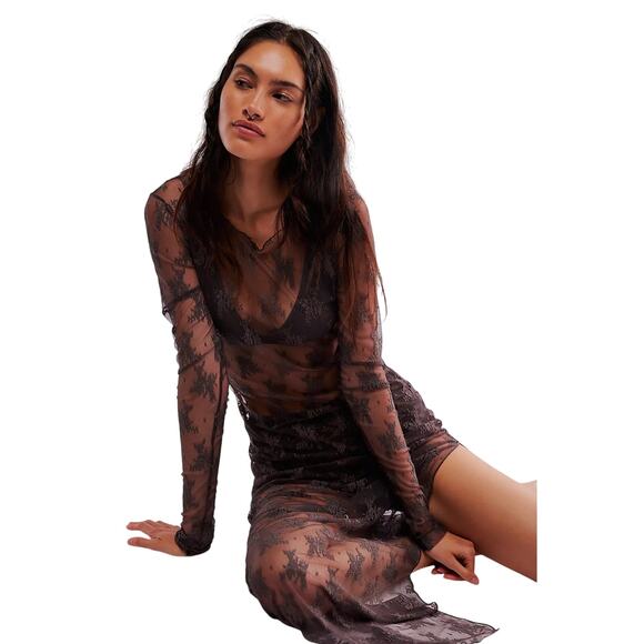 Free People Dresses & Skirts - Free People Lady Lux Maxi Slip Dress Dark Gull Grey Sheer Lace Layering XS NWT